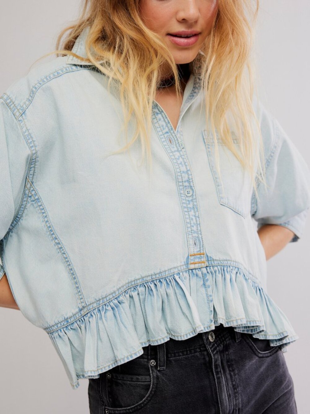 Free People Light Blue Ruffle Hem Denim Button-Down Top - Picture 4 of 6